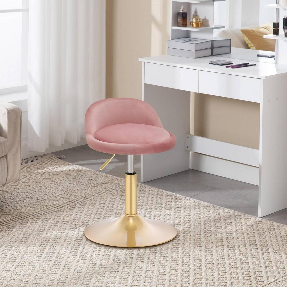 BARHOCKER 2er Set Drehhocker, Samt, Rosa+Gold - Goldfarben/Rosa, Kunststoff/Textil (38.5/49.5/43cm) - Woltu