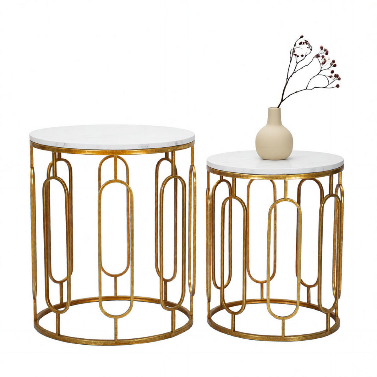 BEISTELLTISCHE IM 2ER-SET Tory Couple, goldfarben und weiß, Eisen und Kunstmarmor, Höhen 55 und 48 cm - Goldfarben/Weiß, Stein/Metall (46/46/55cm) - Mauro Ferretti