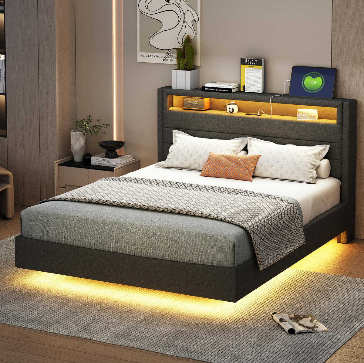 ČALÚNENÁ posteľ z ľanovej tkaniny 140x200 cm sivá s USB portom, LED osvetlením a úložným čelom - sivá, textil (140/200cm) - Modfu