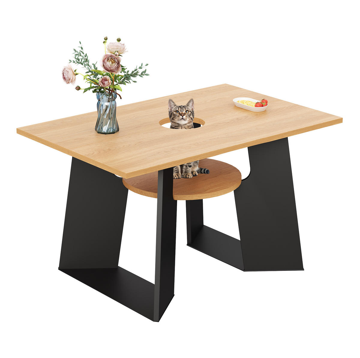 ESSTISCH 130/85/75 cm haustierfreundlich in Schwarz-Natur mit Ablagebrettchen - Schwarz, Holzwerkstoff (130/85/75cm) - OKWISH