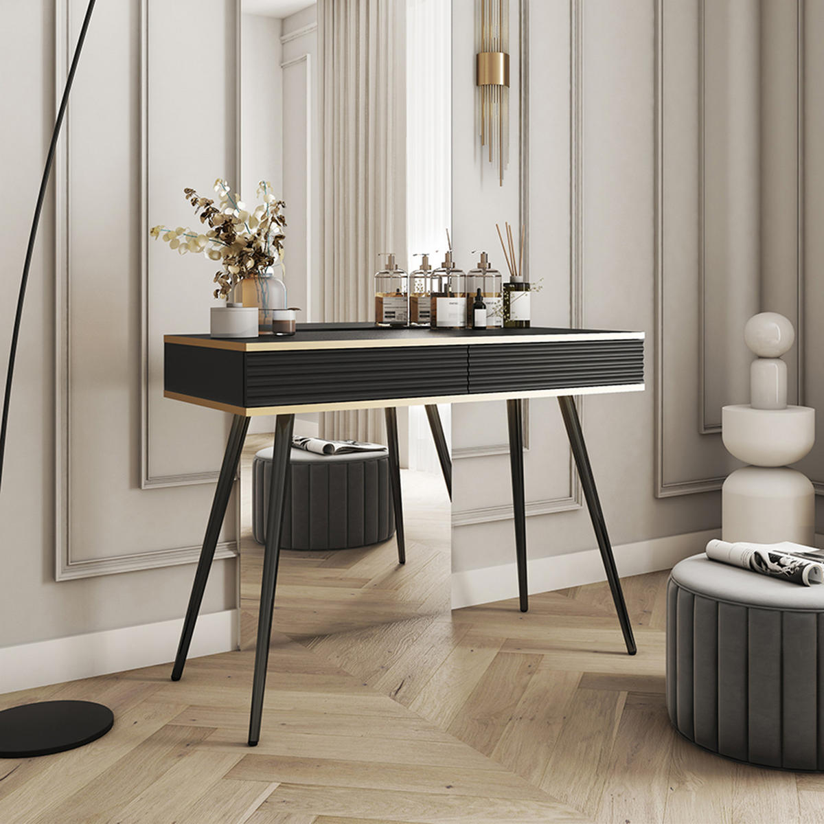 KONSOLENTISCH FORNO (Schwarz, Rillenfront, Goldene Details, 2 Schubladen, schwarze Metallfüße, 102 cm) - Schwarz, Holz/Holzwerkstoff (50/102/80cm) - Ravio