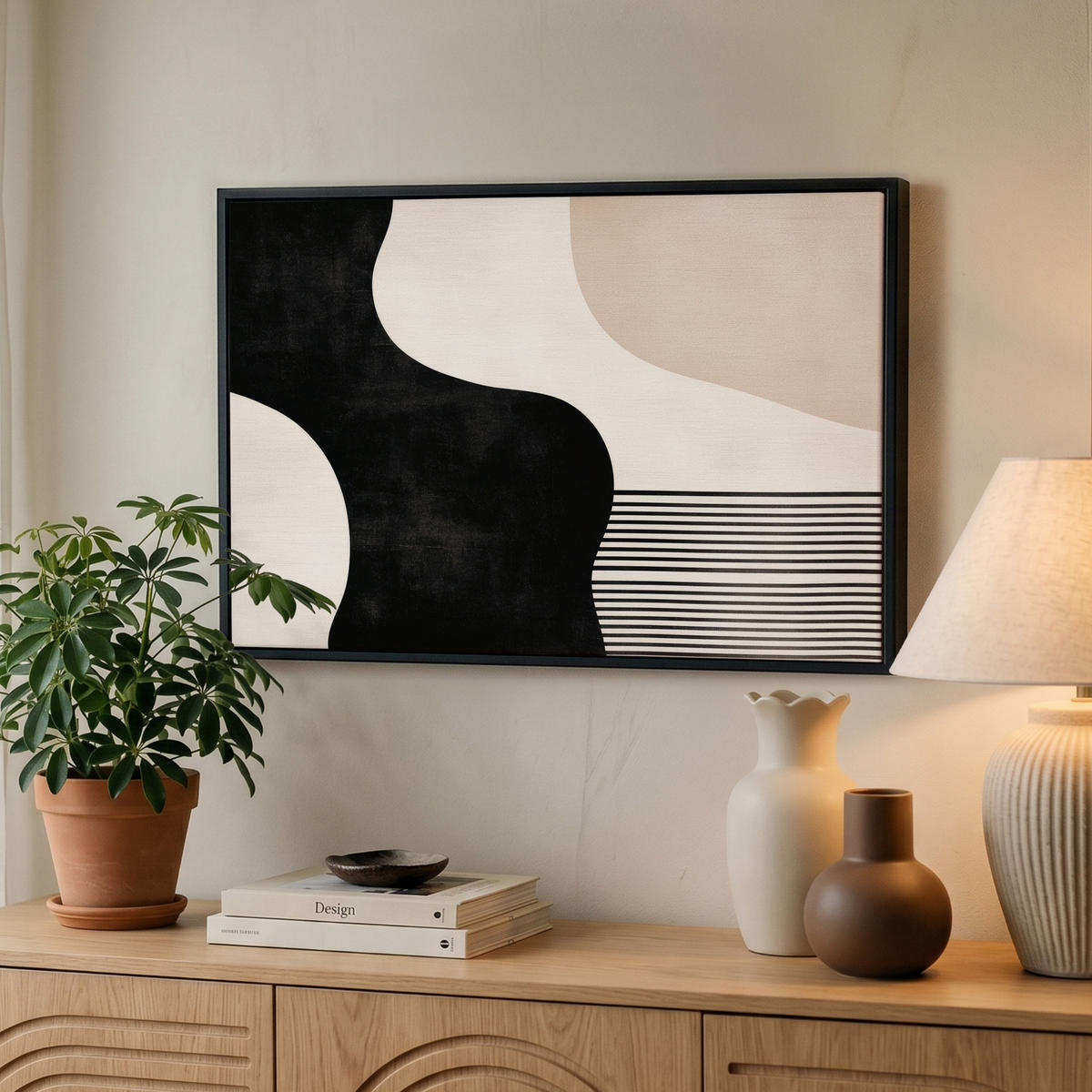LEINWAND Bilder mit Rahmen - Abstrakt - Japandi - Beige - Modern - 60x40 - Schwarz, Textil (60/40cm) - MuchoWow
