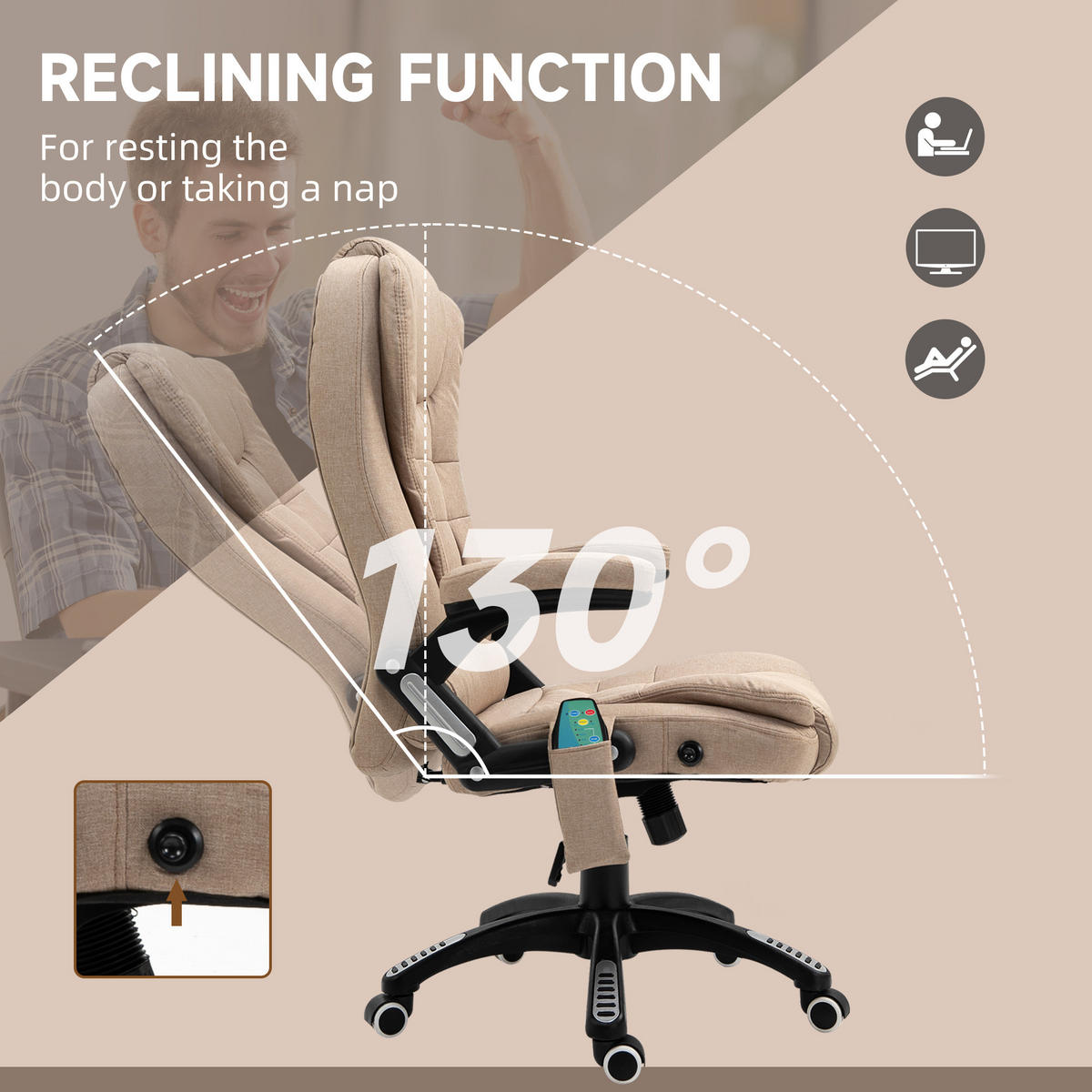 BÜROSTUHL mit Vibrationsmassage, Ergonomisch Schreibtischstuhl Höhenverstellbar - Schwarz/Braun, Kunststoff/Textil (74/116/67cm) - Vinsetto