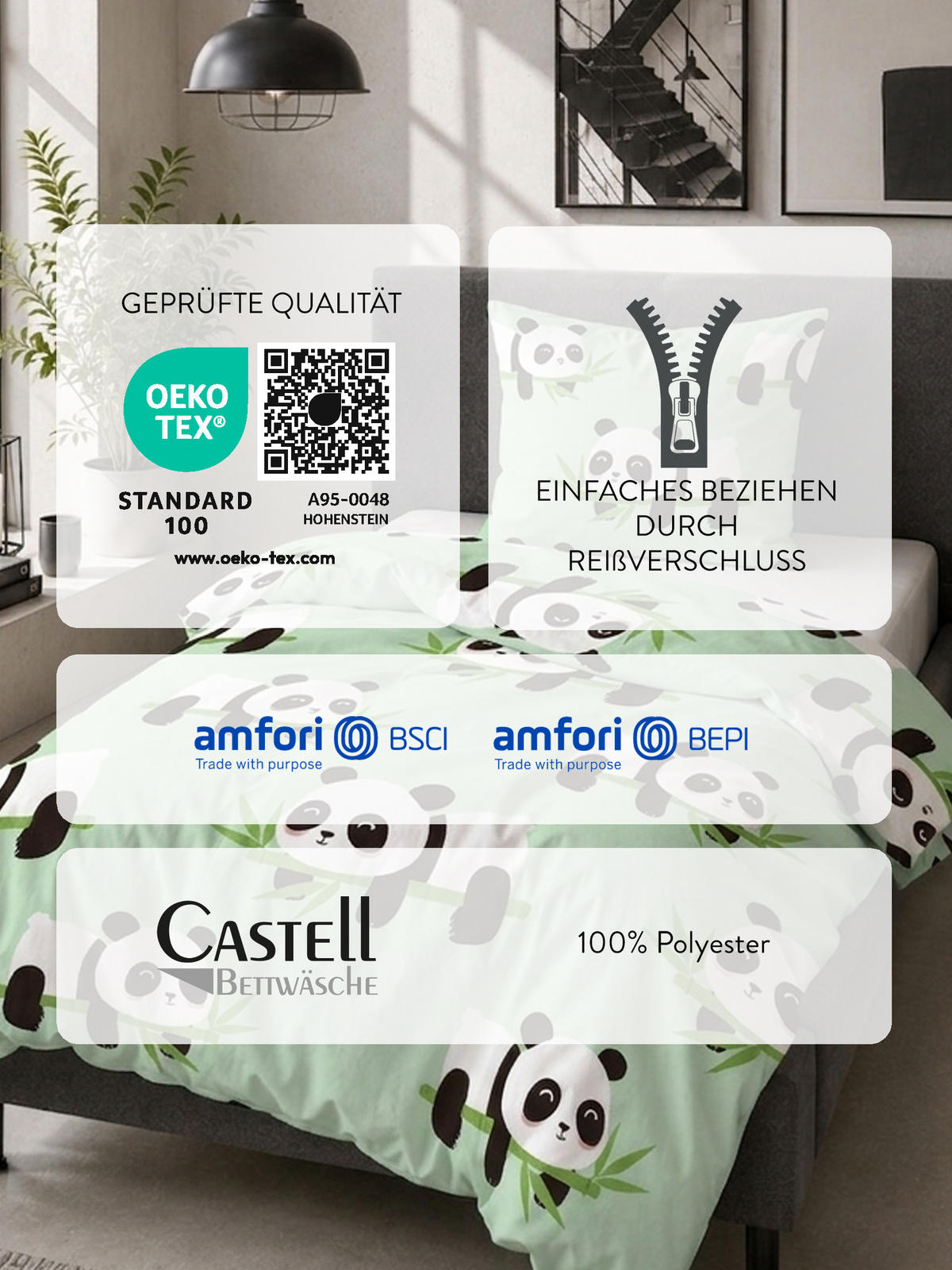 BETTWÄSCHE-GARNITUR Polarfleece Panda mint, 135x200 cm + 80x80 cm - Mintgrün, Textil (135/200cm) - Castell