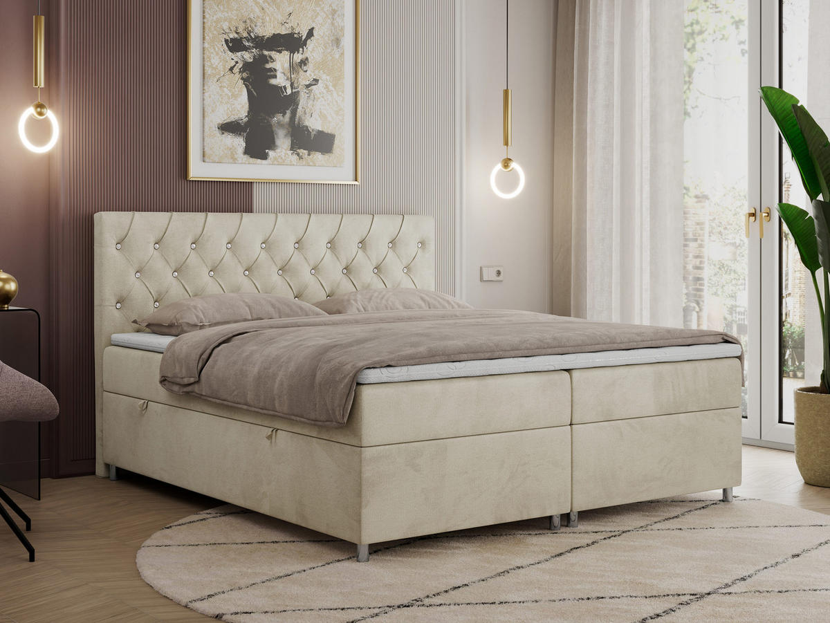 BOXBETT ROMA 120/200 - Beige Velvet - H3 - Beige, Holz/Textil (120/200cm)