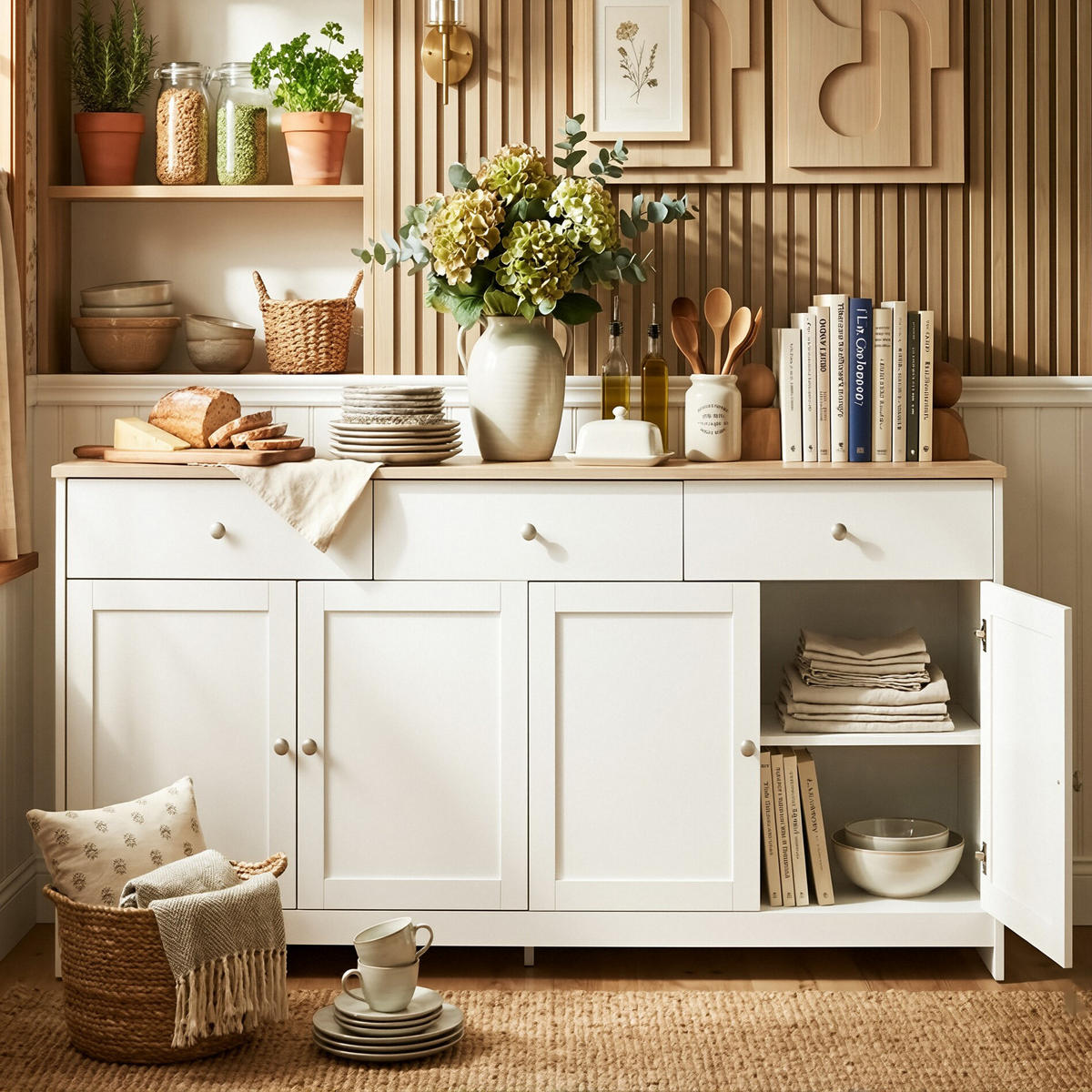 SIDEBOARD Landhausstil mit 4 Türen & 3 Schubladen 160/37/75 cm Weiß/Eiche - Weiß, Holzwerkstoff (160/75/37cm) - Creahappy