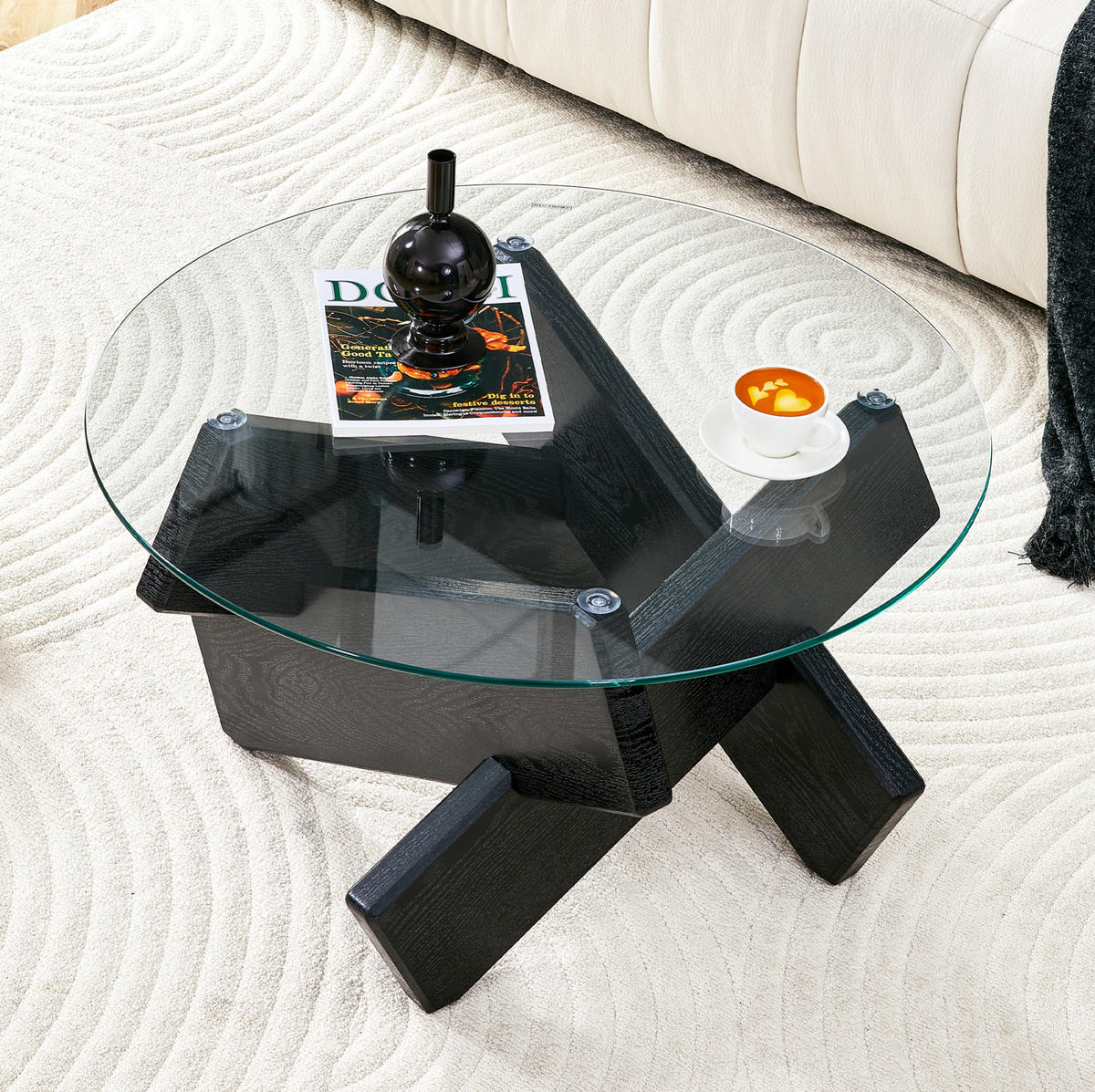 COUCHTISCH 79 cm aus Glas und MDF mit kreuzförmigem Gestell - Schwarz, Holzwerkstoff (79/79/45cm) - BEAOK
