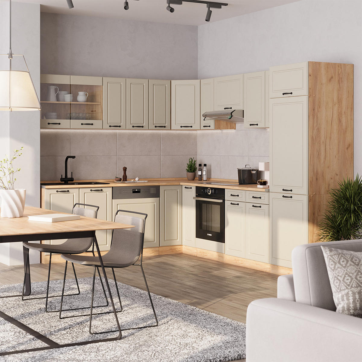 ECKKÜCHE R-Line, Sand Landhaus/Goldkraft Eiche, 287 x 227 cm - Honigeiche/Beige, Holzwerkstoff (287/206.8/46cm) - Vicco