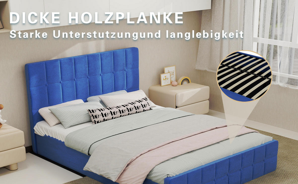 POLSTERBETT 140/200 cm mit Samtbezug und gepolstertem Kopfteil in Karosteppung, Blau - Blau, Textil (140/200cm) - Redom