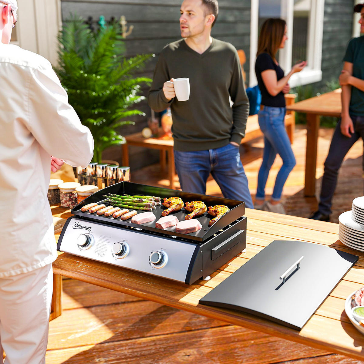PLANCHA DE-18617 3 Brenner, 7,5 kW, mit Deckel Schwarz - Schwarz, Metall (47/25/63cm) - ComfortXL