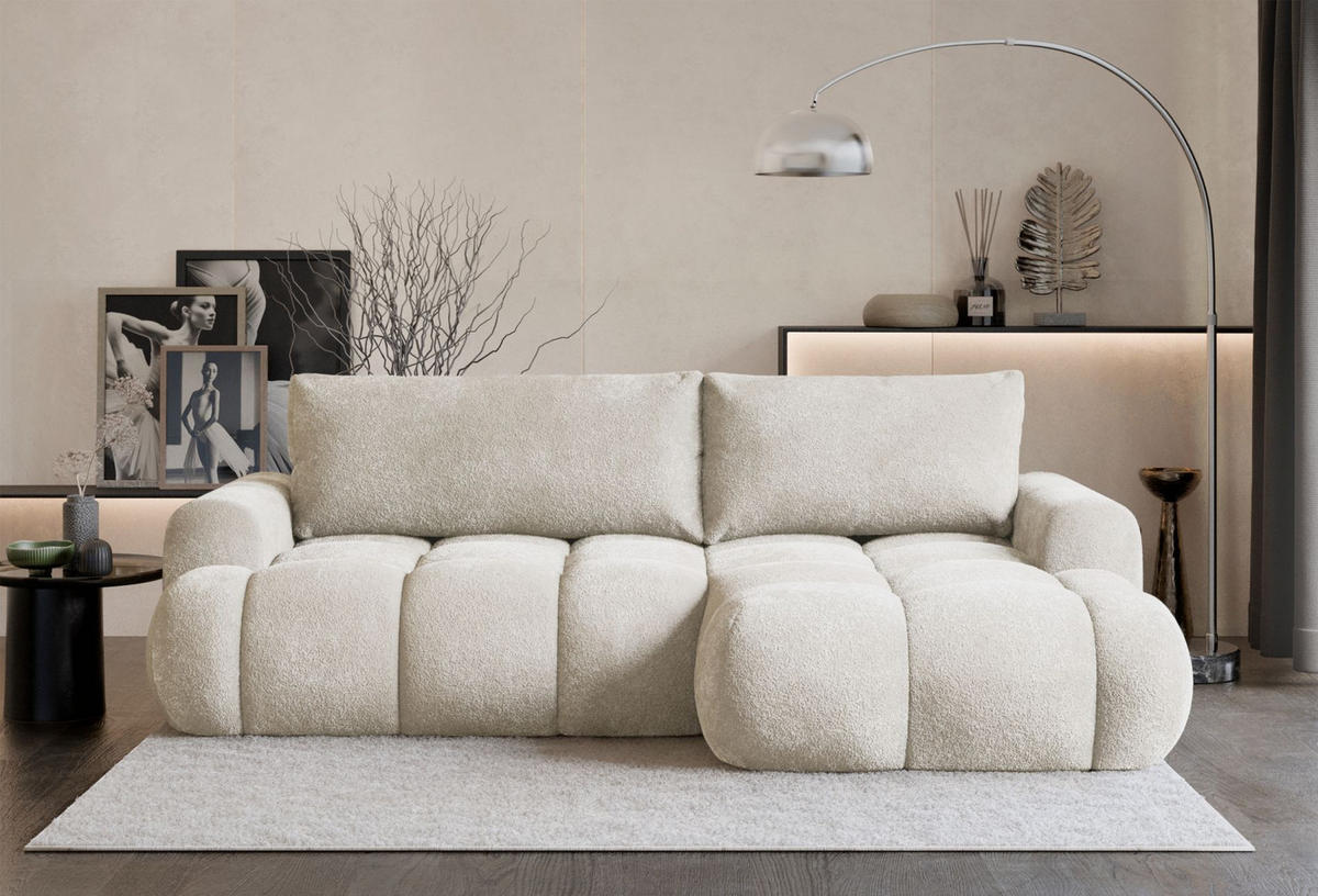 ECKSOFA Ombo Mini, Creme Bouclé, rechtsseitig - Creme/Schwarz, Kunststoff/Textil (256/155cm) - Selsey