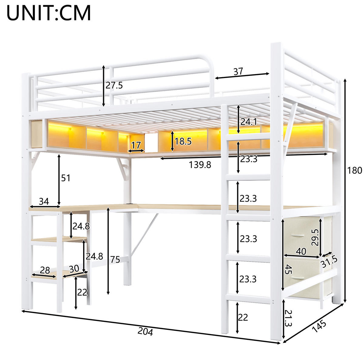 HOCHBETT 140/200 cm aus Metall und MDF mit Schreibtisch LED und USB Weiß - Weiß, Holzwerkstoff (140/200cm) - Modenvie