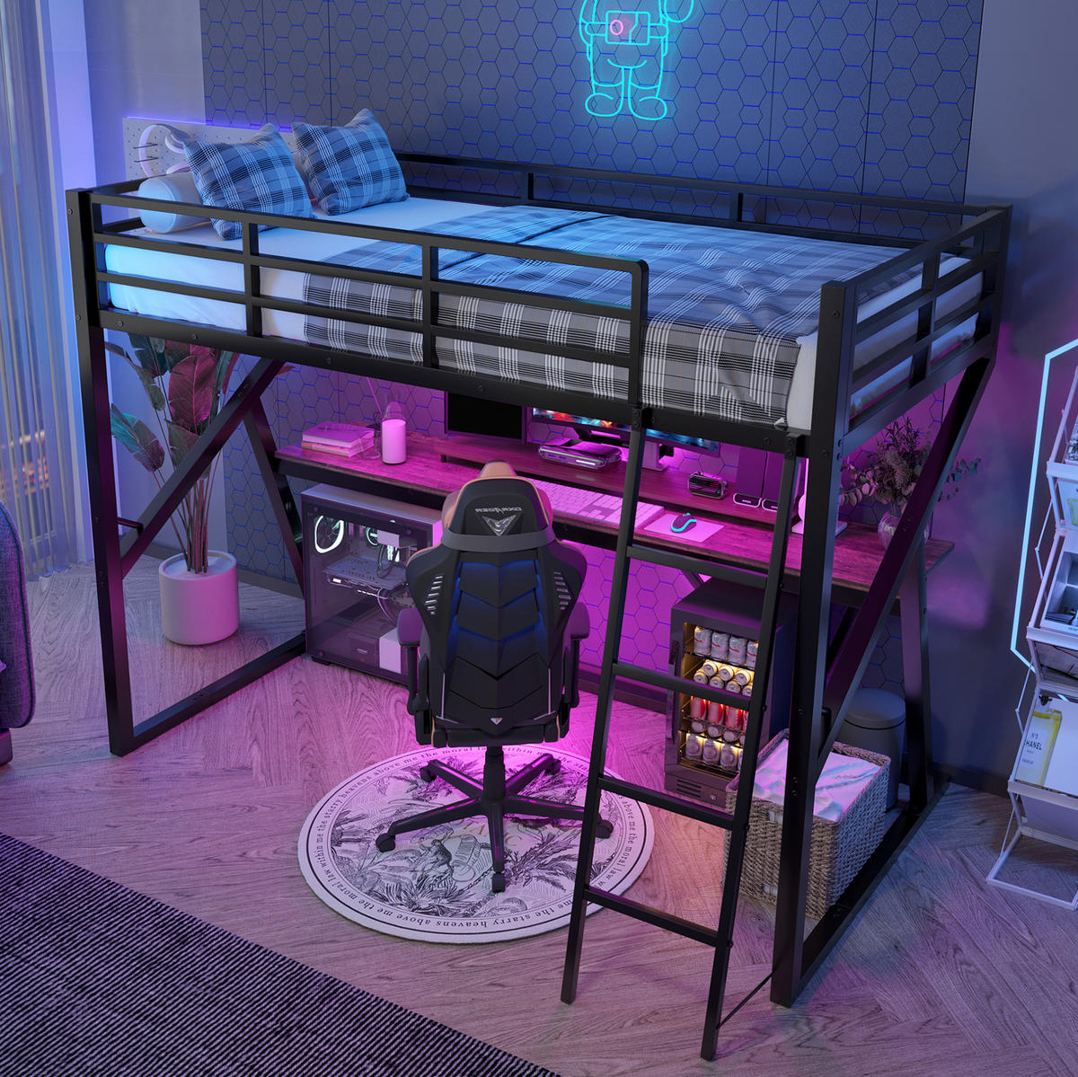 HOCHBETT 90/200 cm aus Metall mit Schreibtisch und LED-Beleuchtung - Schwarz, Metall (90/200cm) - Flora Grace