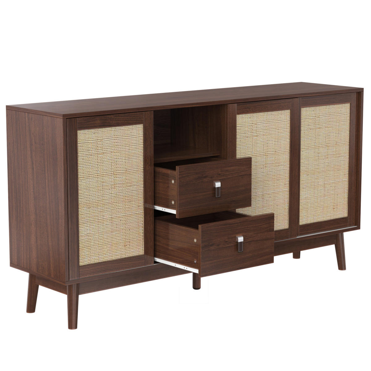 SIDEBOARD Nussbaum, 3 Rattan-Schiebetüren, 2 Schubladen - Kastanienfarben, Holz (155/80/38cm)