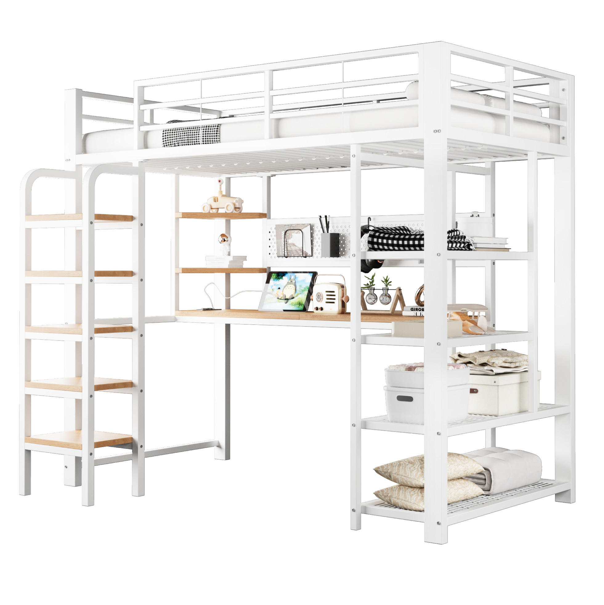 HOCHBETT 90/200 cm aus Metall und Holzwerkstoff mit Schreibtisch und LED-Beleuchtung Weiß - Weiß, Metall (90/200cm) - Modenvie