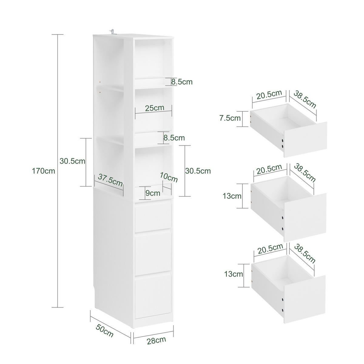 ECKSCHRANK mit Schubladen und Ordnerhalter STR15-W - Ahornfarben/Weiß, Holzwerkstoff/Fell (50/170/28cm) - SoBuy