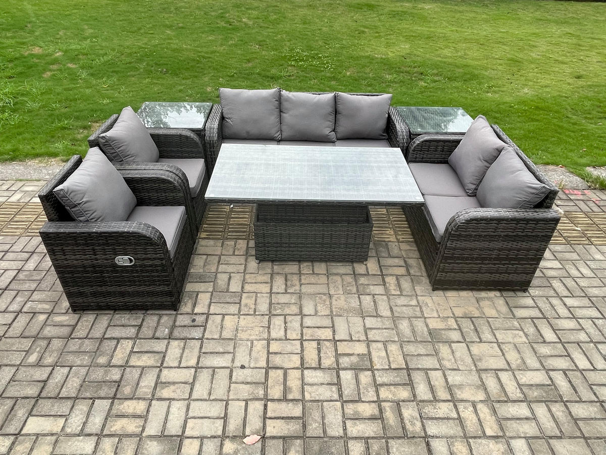 LOUNGESOFA Polyrattan 7-Sitzer - Dunkelgrau/Grau, Glas/Kunststoff - Fimous
