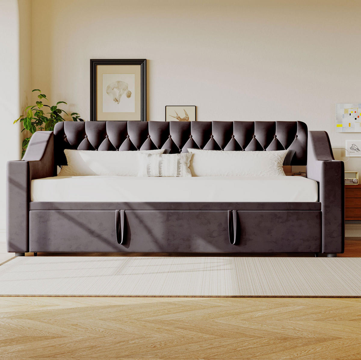 POLSTERBETT 90/190 cm mit Ausziehfunktion, USB- und Typ-C-Anschluss, Stauraumarmlehnen und Samtbezug, Grau - Dunkelgrau, Textil (90/190cm) - Redom