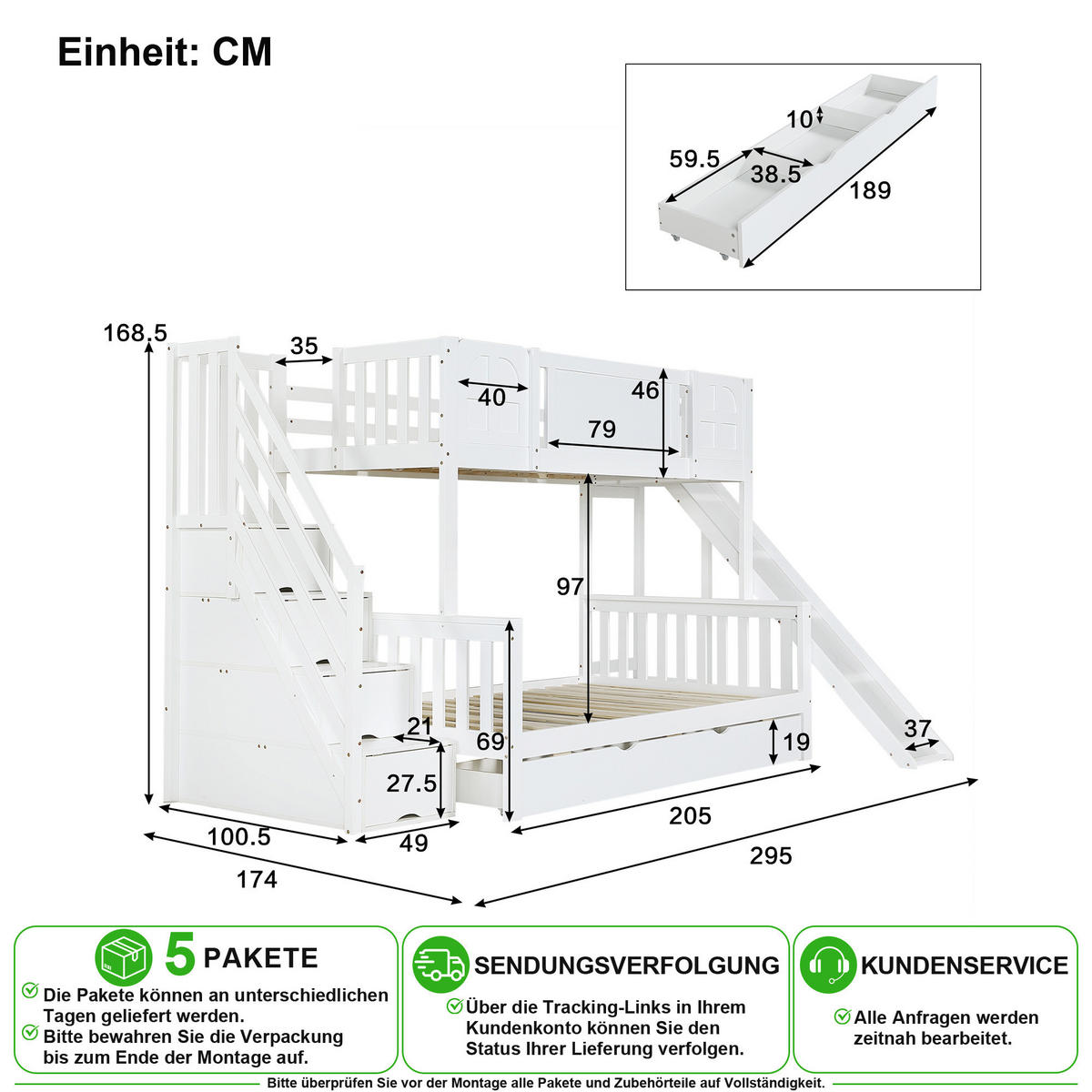ETAGENBETT 90/200 cm & 120/200 cm in Weiß mit Rutsche, Treppe, Schublade und Fenster aus Massivholz, MDF - Weiß, Holz/Holzwerkstoff (90/200cm) - CHICFURN