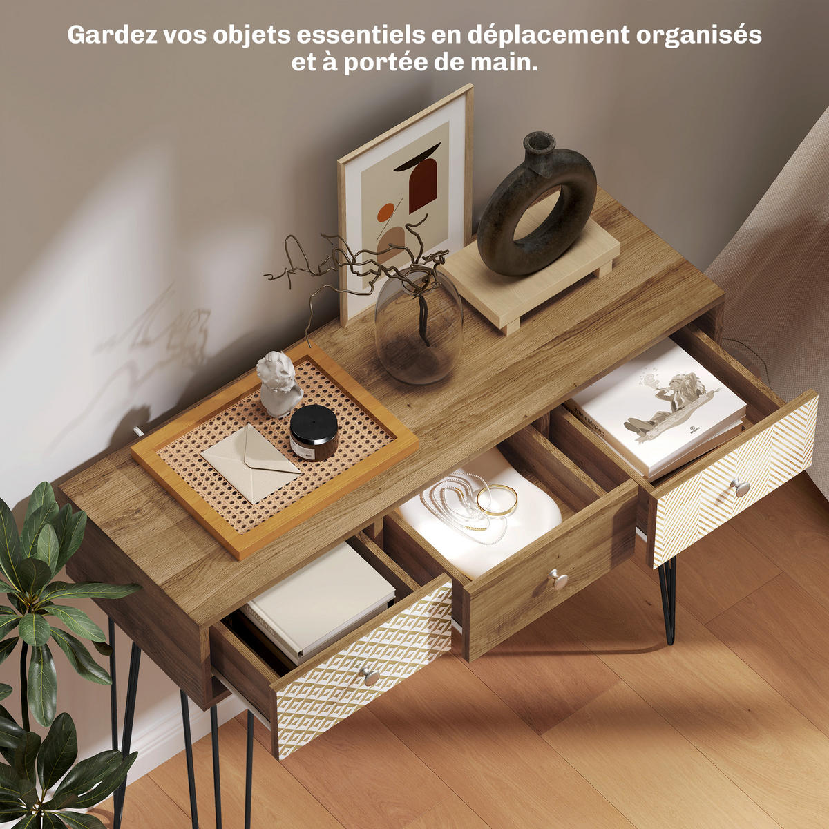 KONSOLENTISCH DE-16776 3 Schubladen, Haarspangenbeine, 90 cm Braun - Braun, Holzwerkstoff (90/30/75cm) - ComfortXL