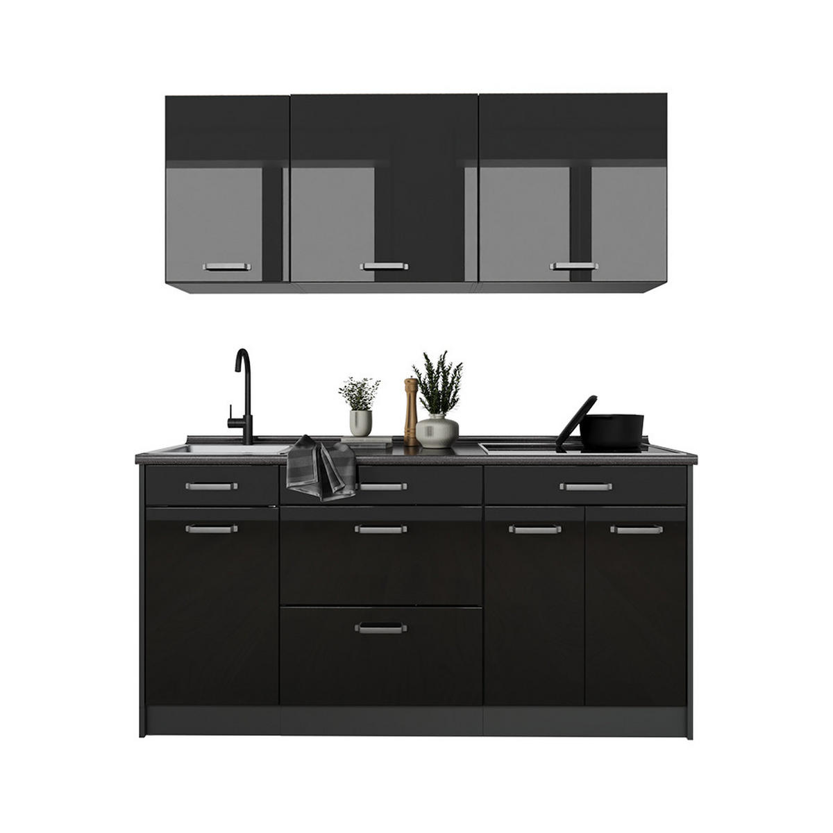 SINGLEKÜCHE R-Line, Schwarz Hochglanz/Anthrazit, 160 cm Arbeitsplatte Anthrazit - Schwarz Hochglanz/Anthrazit, Holzwerkstoff (160/81.6/60cm) - Vicco
