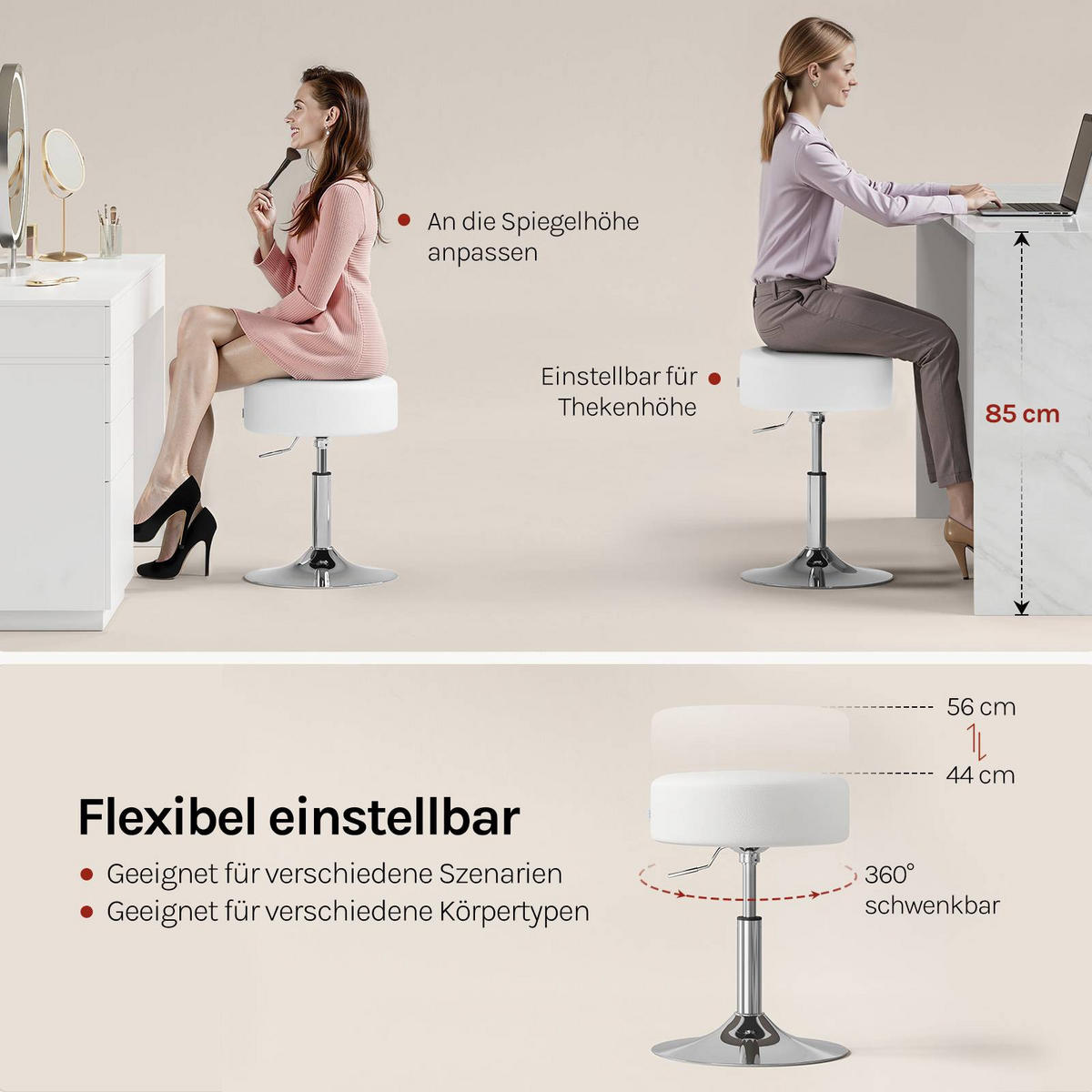 SITZHOCKER rund, Kunstleder, Weiß - Silberfarben/Weiß, Textil/Metall (38.5/56/38.5cm) - Woltu