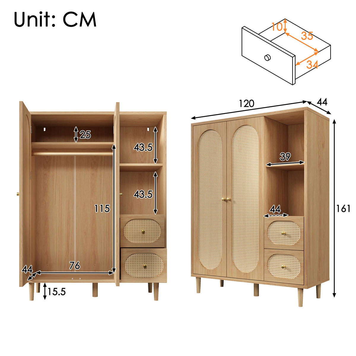 KLEIDERSCHRANK in Eichenoptik mit Rattan-Dekor, offenen Regalen und 2 Schubladen - Eichefarben, Holz (120/161/44cm) - Urban Meuble