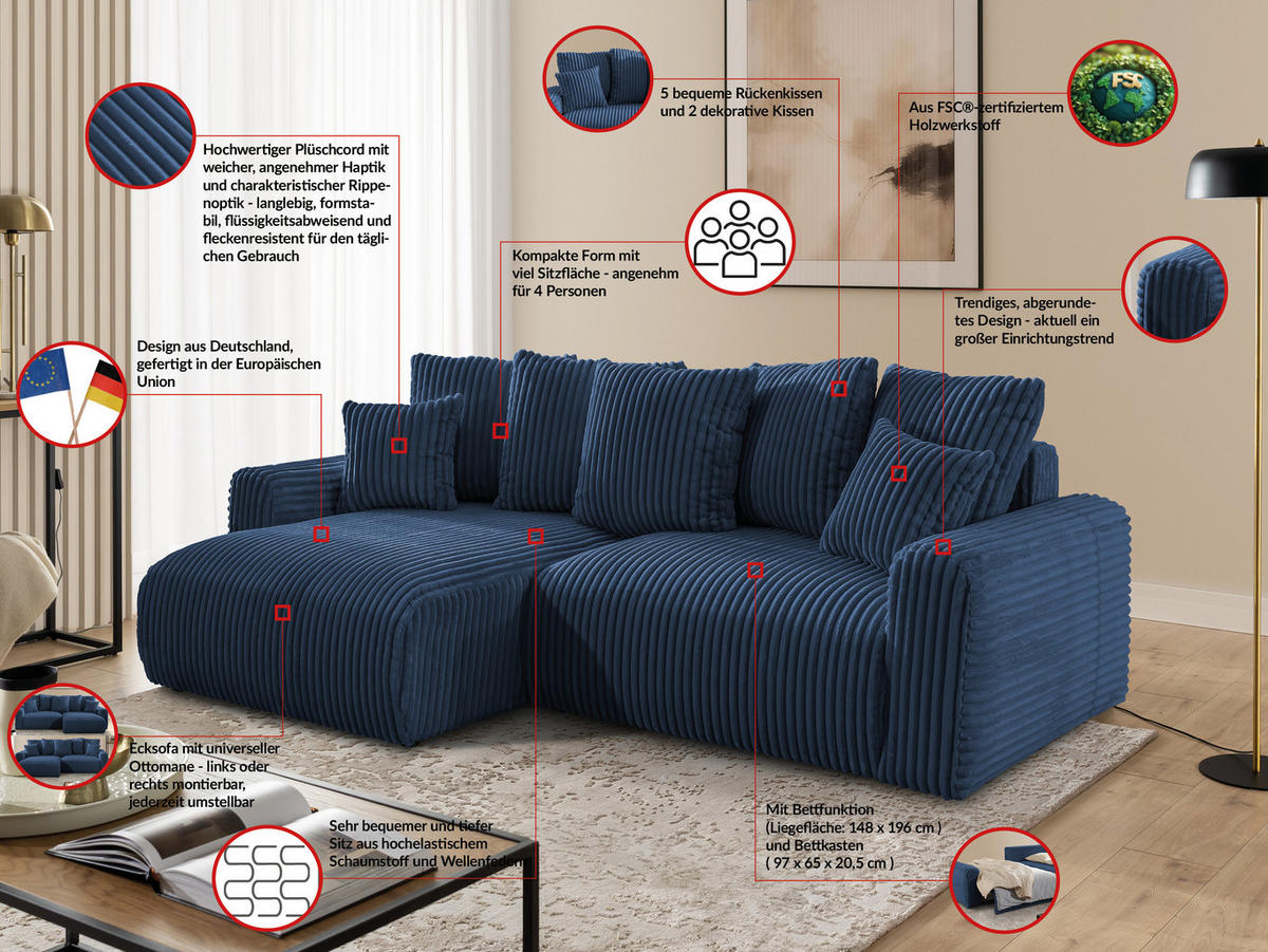 ECKSOFA Calma mit Schlaffunktion und Bettkasten im Bumpy-Design aus weichem Marineblau Plüschcord - Ottomane links - Blau/Schwarz, Holz/Kunststoff (239/140cm) - S-Style