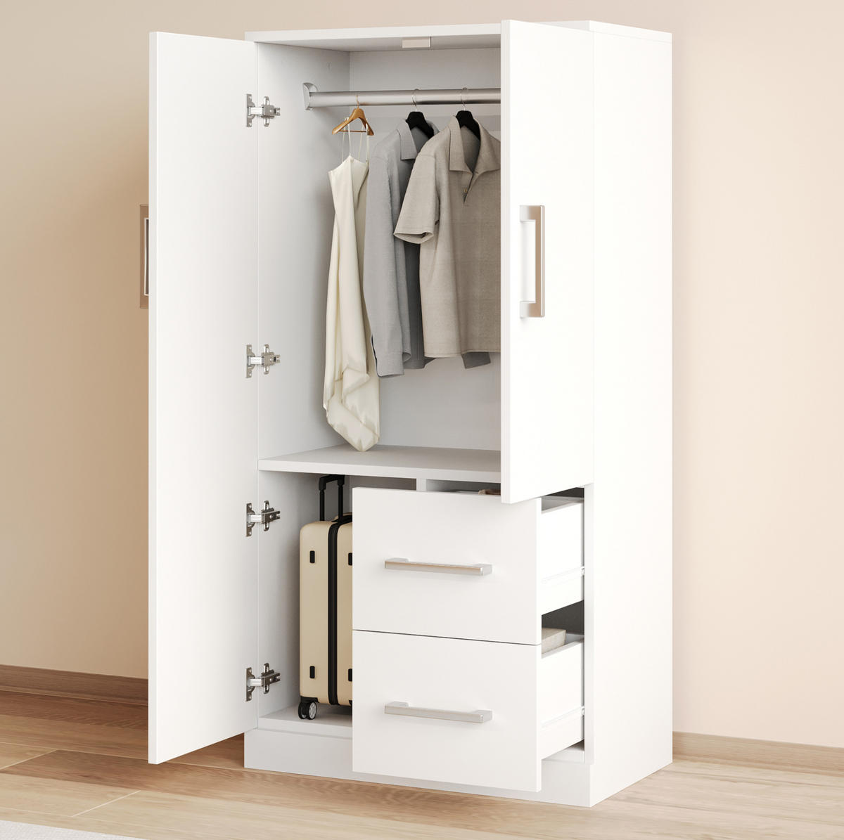 KLEIDERSCHRANK 70/40/135 cm mit 2 Drehtüren und 2 Schubladen in Weiß - Weiß, Holz (70/135/40cm) - BEAOK