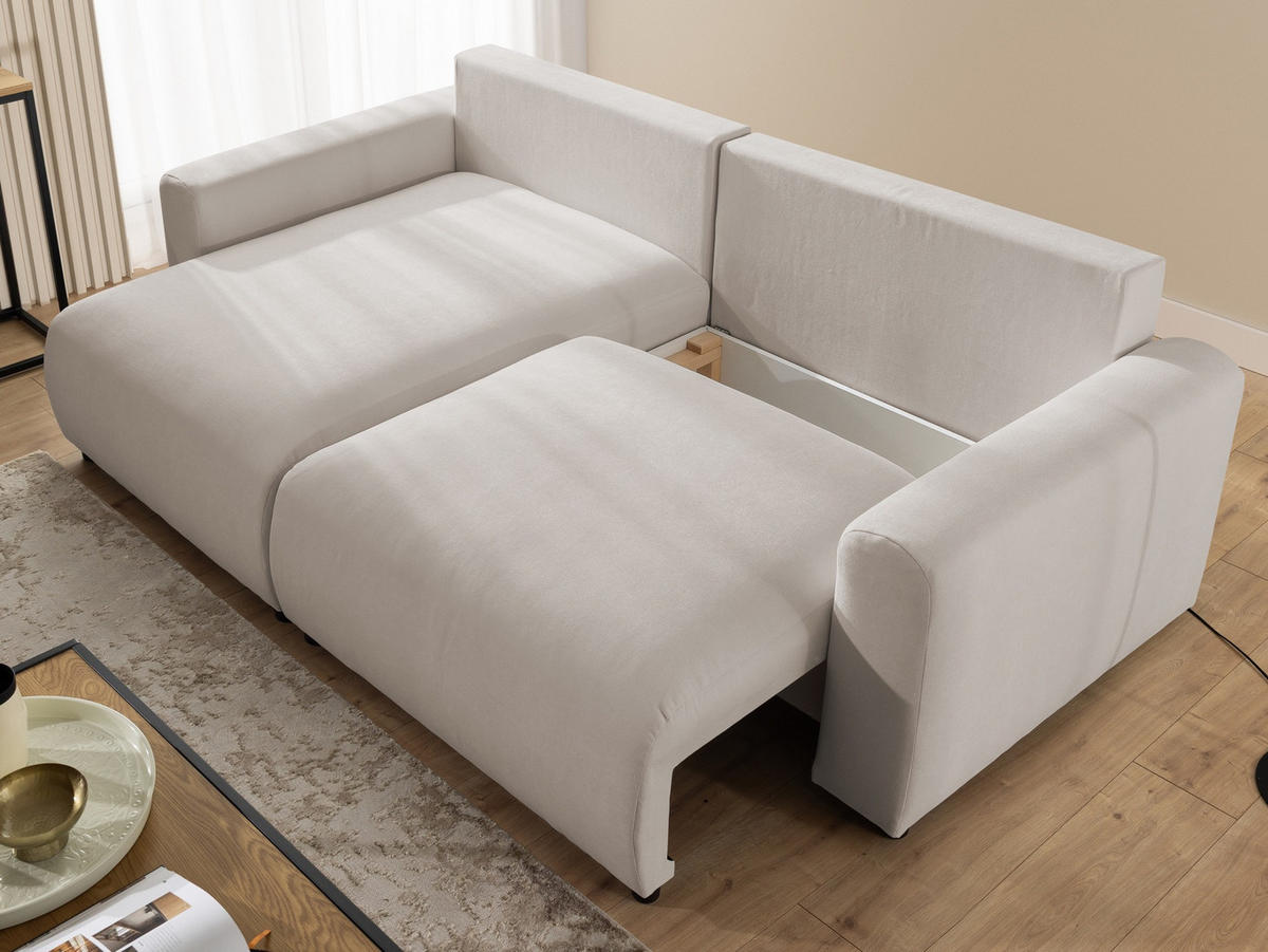 ECKSOFA Calma mit Schlaffunktion und Bettkasten im Bumpy-Design aus weichem Beige Webstoff - Ottomane links - Beige/Schwarz, Holz/Kunststoff (239/140cm) - S-Style
