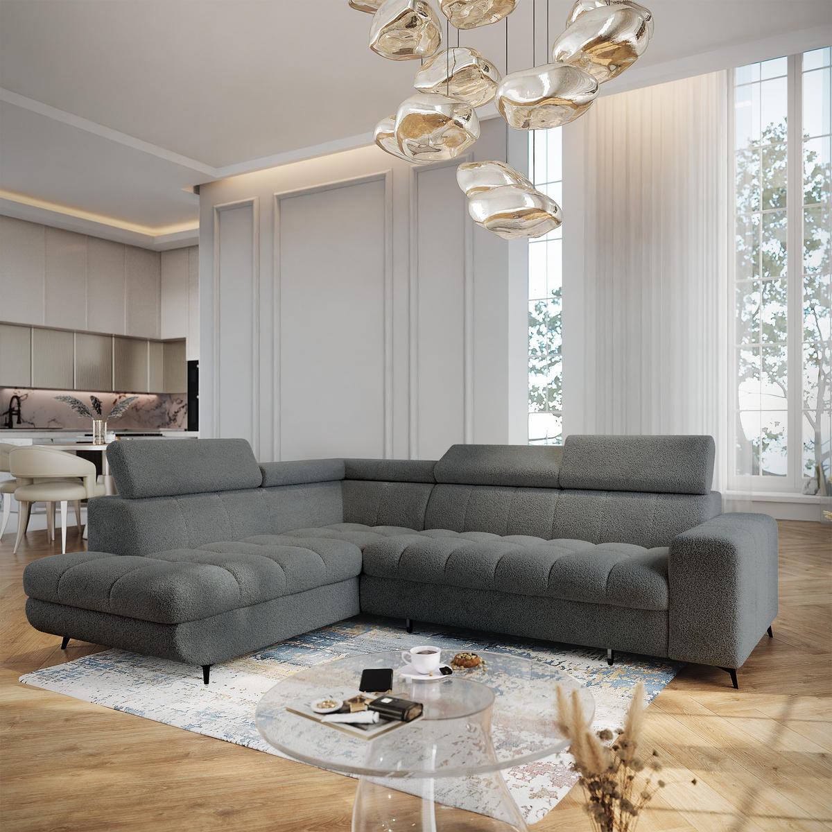 ECKSOFA MORIVA Q L-S Grau Boucle-Stoff mit Schlaffunktion - Grau, Holzwerkstoff/Textil (253/190cm) - MASSENO