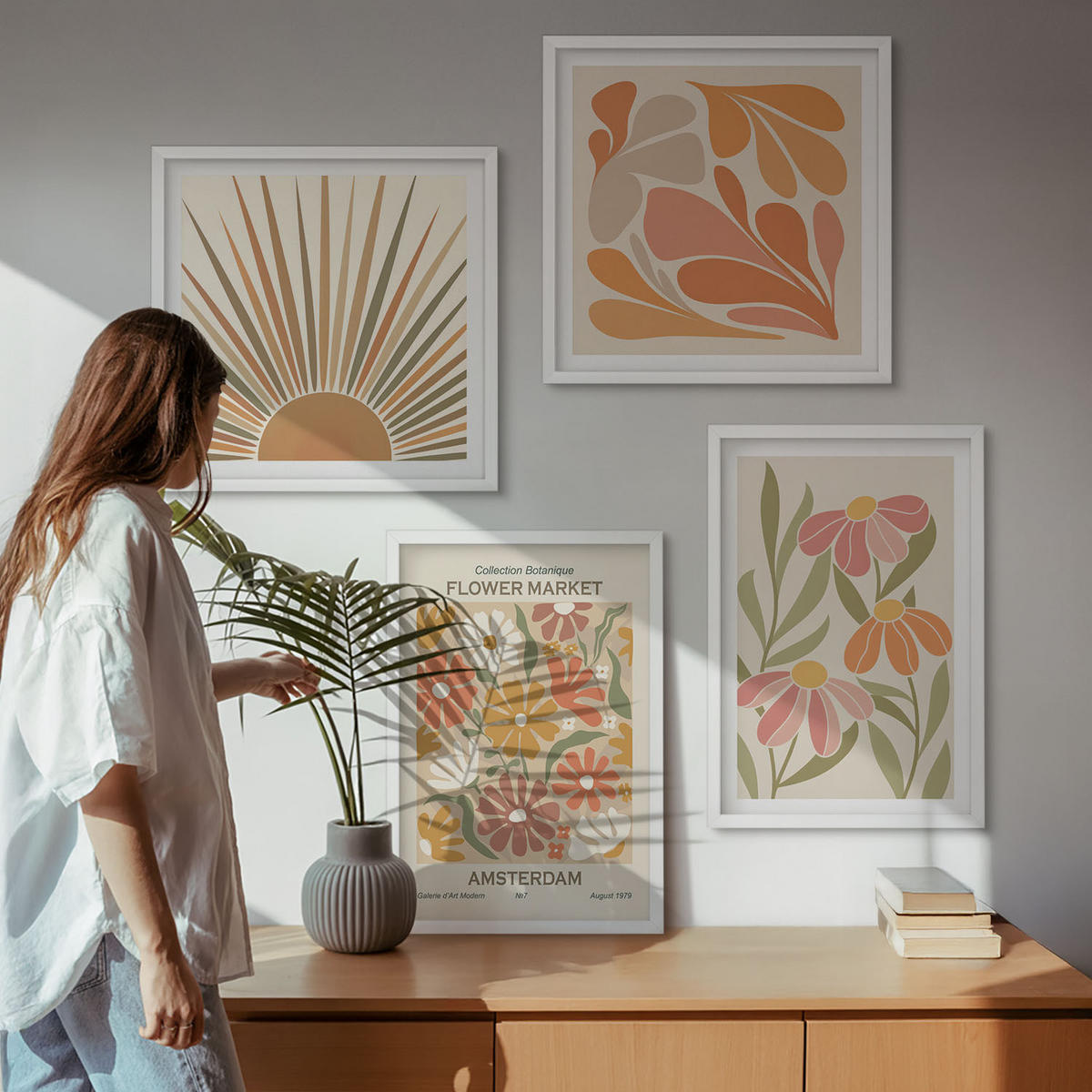 BILDER SET 4er Set - 50x50 cm & 40x60 cm Weißer Rahmen - Pastellfarbene Sonnenblumen - Weiß, Kunststoff (50/50cm) - TULUP