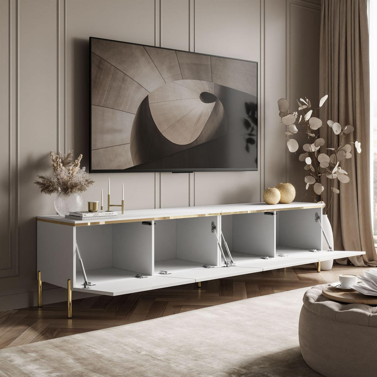 TV-RACK CELINE GLOSS 200 cm auf gerade goldenen Füßen - Weiß, Holzwerkstoff (200/49/40cm) - Lookway