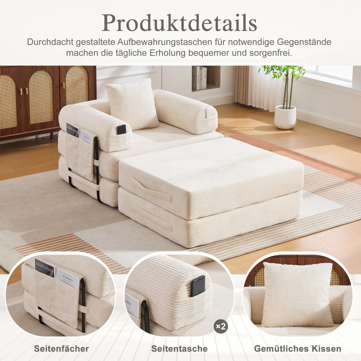 SESSEL mit Hocker 112/190/67 cm montagelos, mit Seitentasche, Kissen und modularem Design, Beige - Beige, Textil (190/67/112cm) - Redom