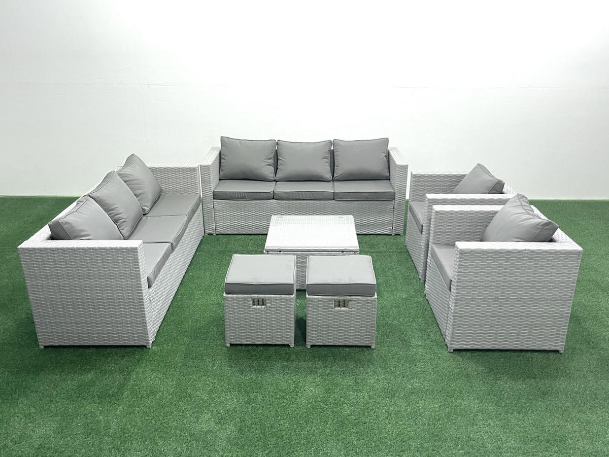 GARTENMÖBEL-SET mit Kissen Polyrattan Hellgrau-Mix 10-Sitzer - Hellgrau/Grau, Glas/Kunststoff - Fimous