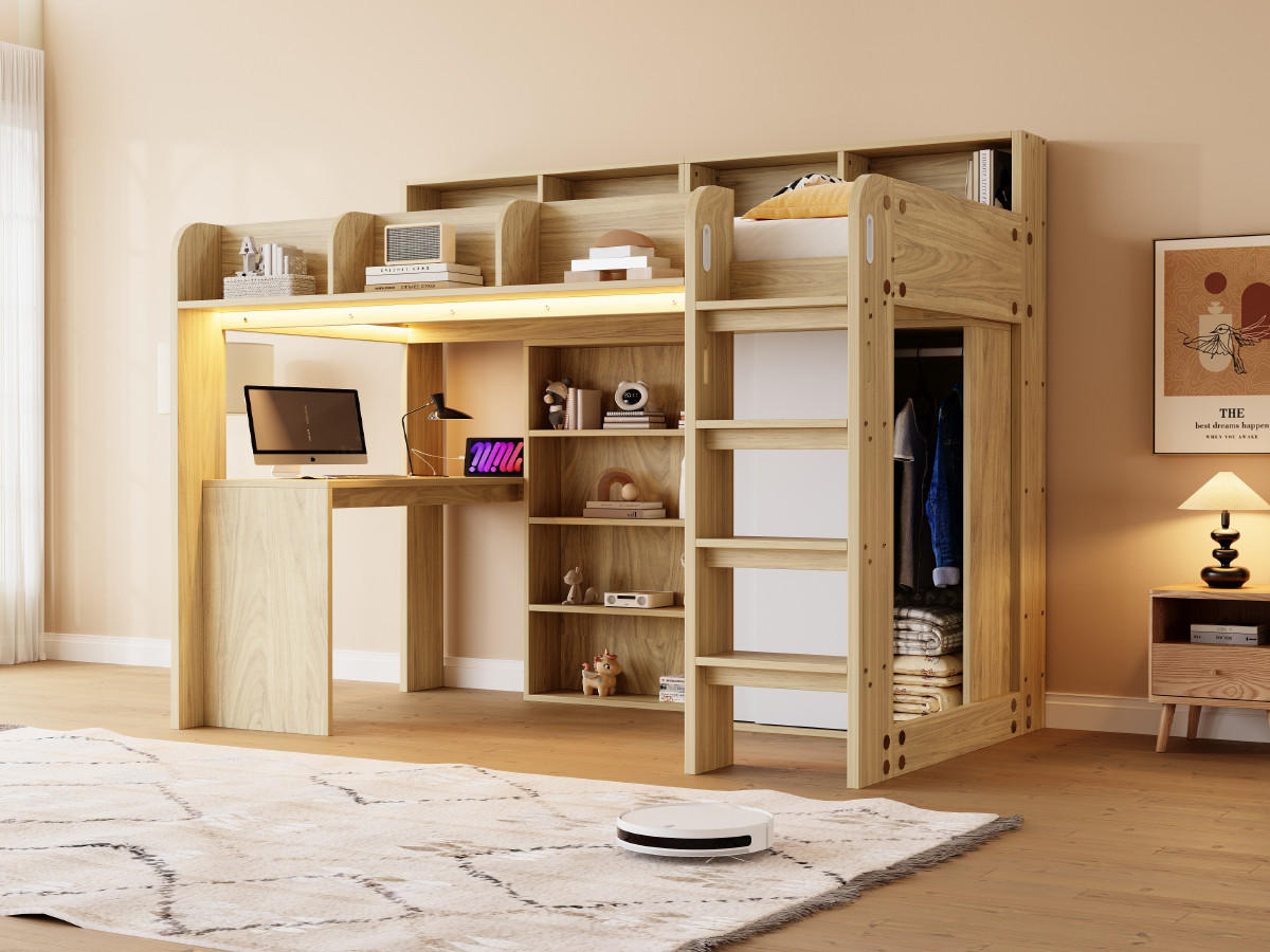 HOCHBETT 90/200 mit Schreibtisch, Kleiderschrank, LED und Steckdose in Holzfarbe - Naturfarben, Holz (90/200cm) - EVRYAE