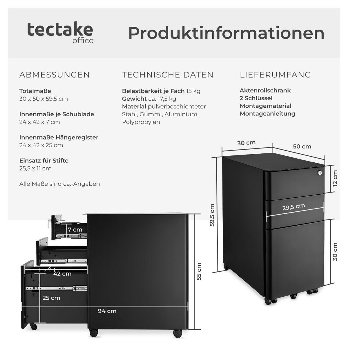 AKTENROLLSCHRANK Parvus,30 x 50 x 59,5 cm,schwarz - Schwarz, Textil (30/59.5/50cm) - tectake
