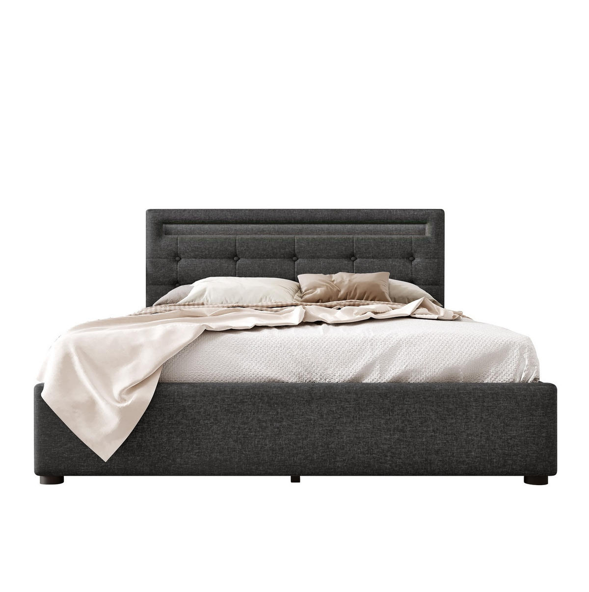 POLSTERBETT aus Leinen 140x200 cm Grau mit LED-Beleuchtung, 4 Schubladen und verstellbarem Kopfteil - Grau, Textil (140/200cm) - Modfu