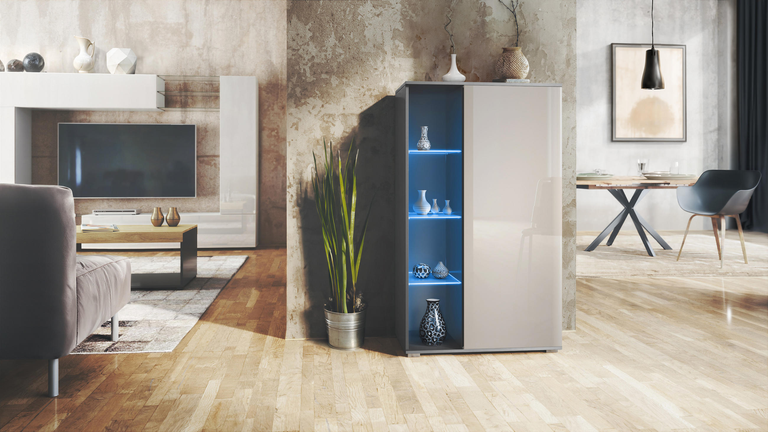 VITRINE Davos Sandgrau Hochglanz - Sandfarben, Holzwerkstoff (71.5/134/35cm) - Vladon