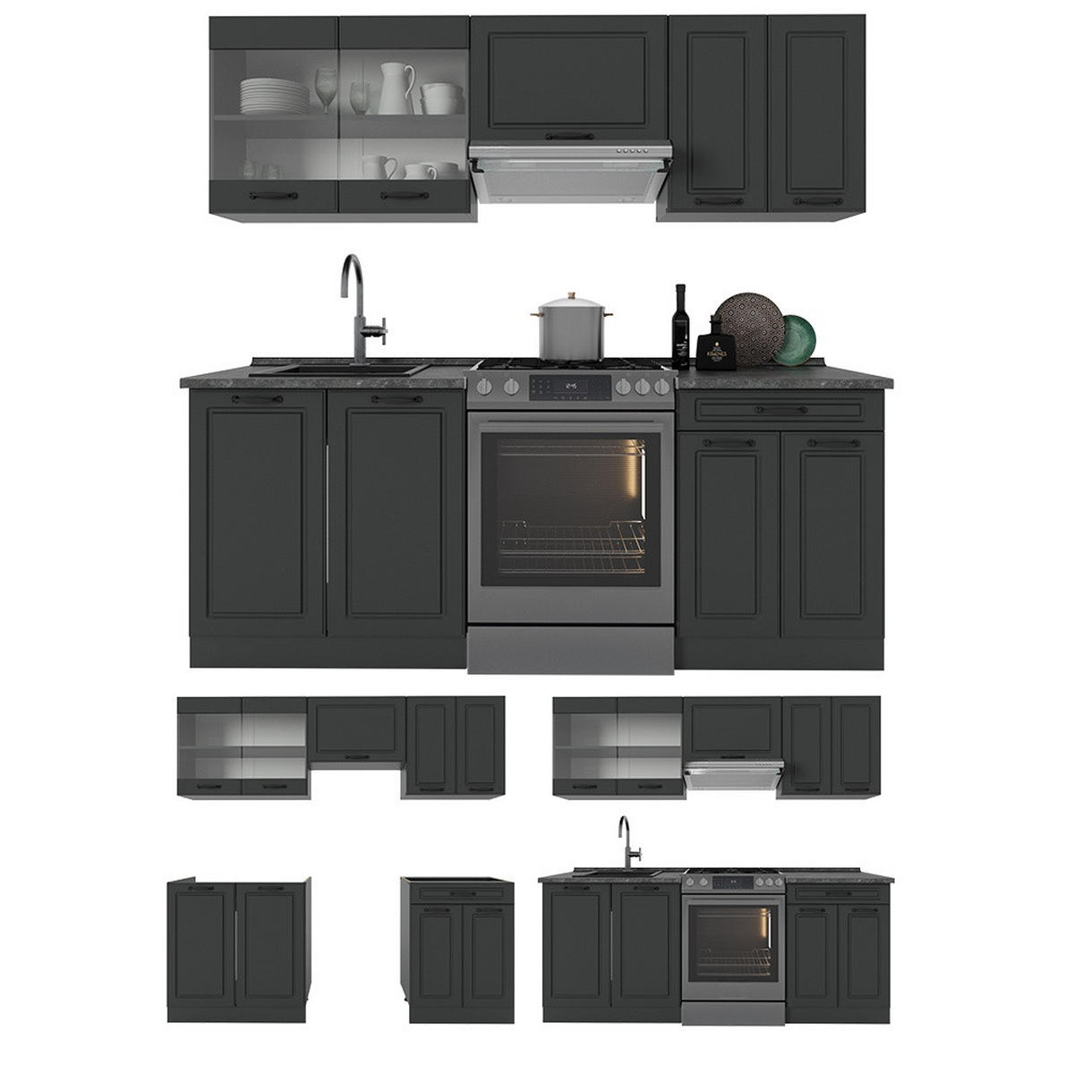 KÜCHENZEILE R-Line Anthrazit Landhaus/Anthrazit 200 cm ohne Arbeitsplatte - Anthrazit, Holzwerkstoff (200/81.6/46cm) - Vicco