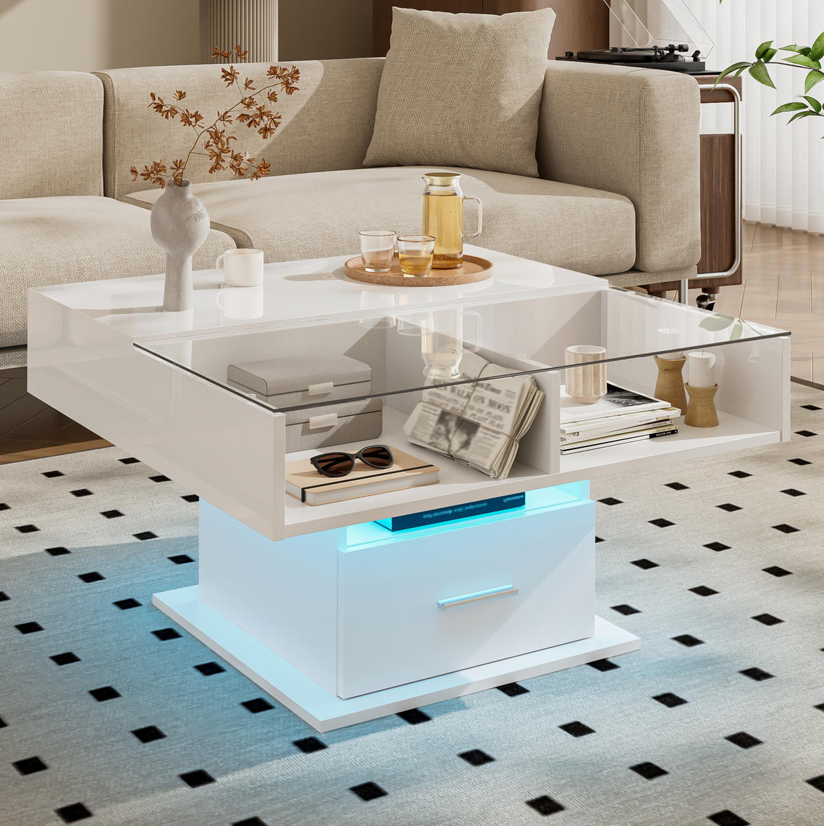 COUCHTISCH 78/78/45,5-59,5 cm in Weiß mit LED-Beleuchtung und Stauraum - Weiß, Holzwerkstoff (78/78/59.5cm) - Flora Grace