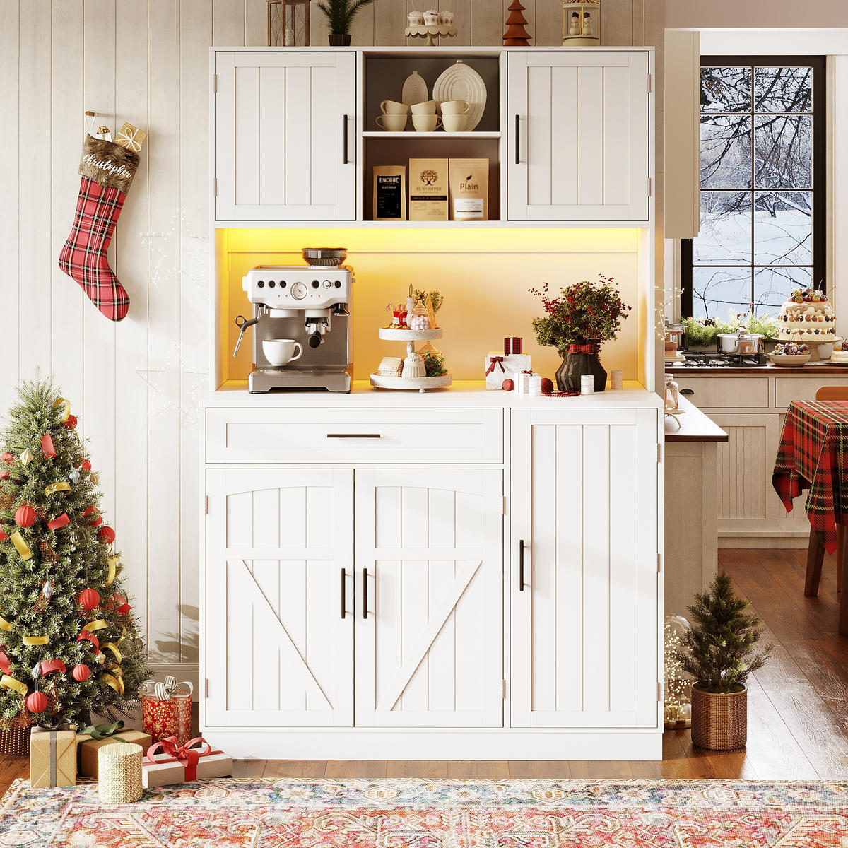 GESCHIRRSCHRANK aus MDF & Metall 110x38x180 cm in Weiß mit LED & Steckdosenleiste - Weiß, Holzwerkstoff (110/180/38cm) - Modfu