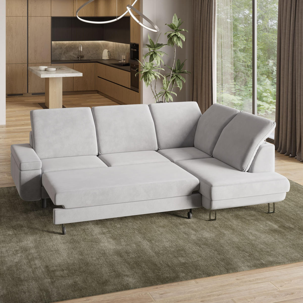 ECKSOFA LERMA R-S Braun Velours-Stoff mit Schlaffunktion - Braun, Holz (253/190cm) - MASSENO