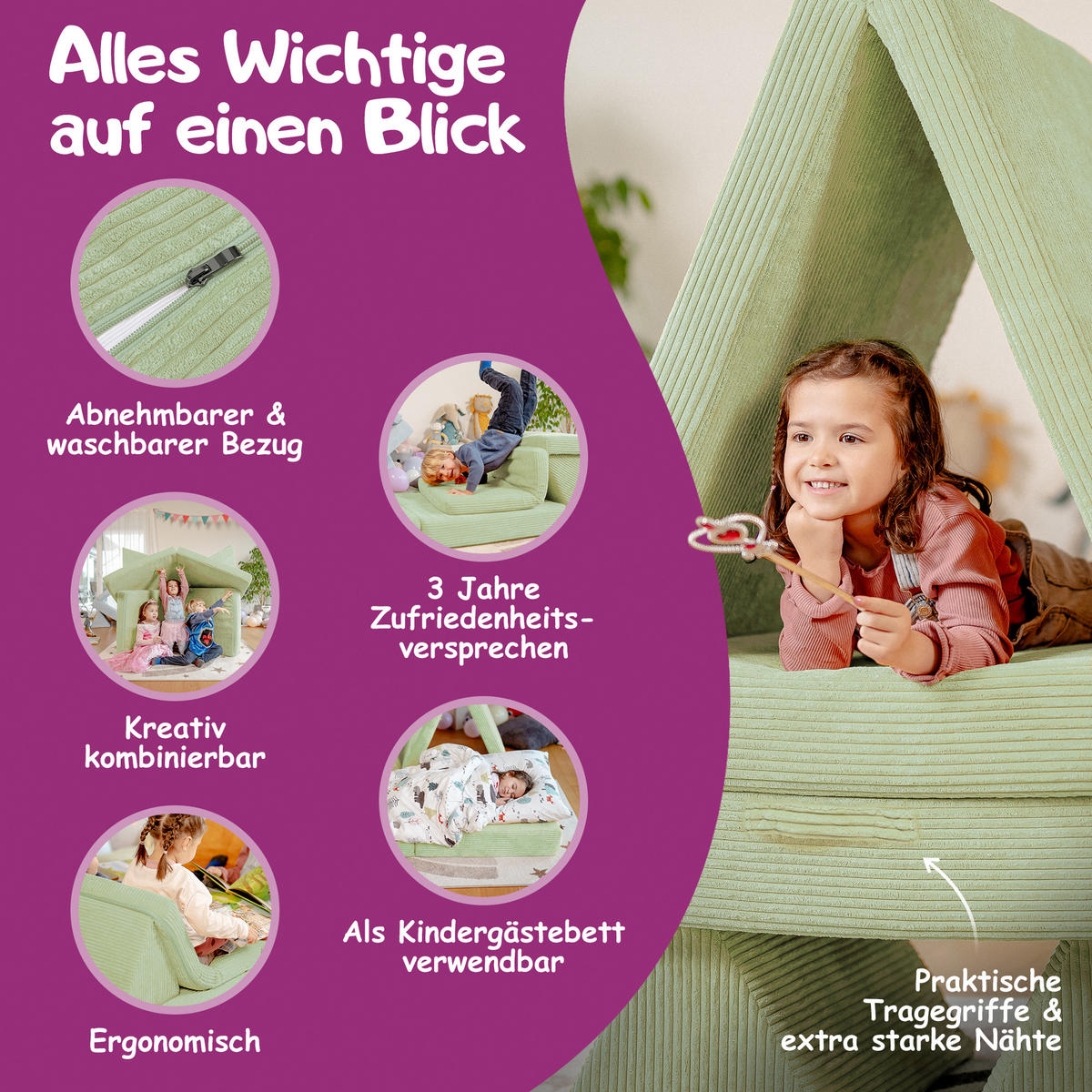 KINDERSOFA Spielparadies - Hellgrün, Textil (66/52/150cm) - Linodino