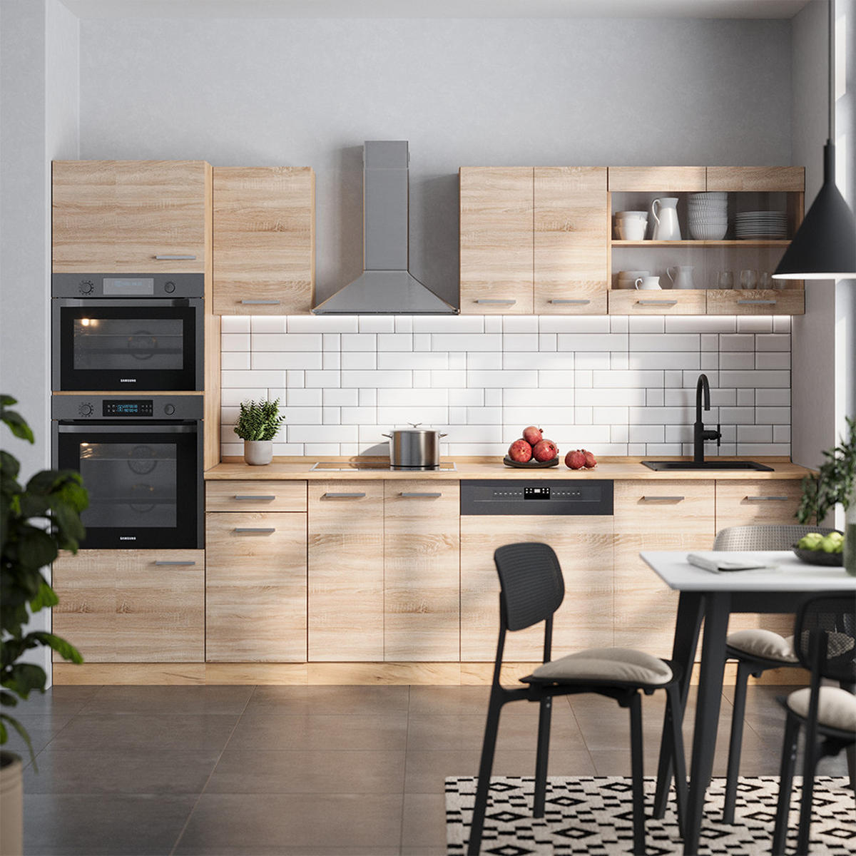 KÜCHENZEILE R-Line Sonoma/Goldkraft Eiche 300 cm mit Hochschrank, ohne Arbeitsplatte - Honigeiche/Sonoma Eiche, Holzwerkstoff (300/81.6/46cm) - Vicco