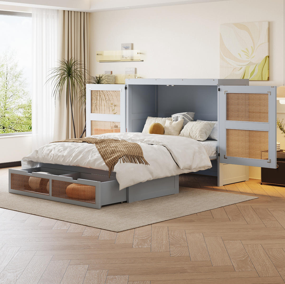 SCHRANKBETT 140/200 cm grau mit Stauraumschubladen im Rattan-Design - Grau, Holz (140/200cm) - OKWISH