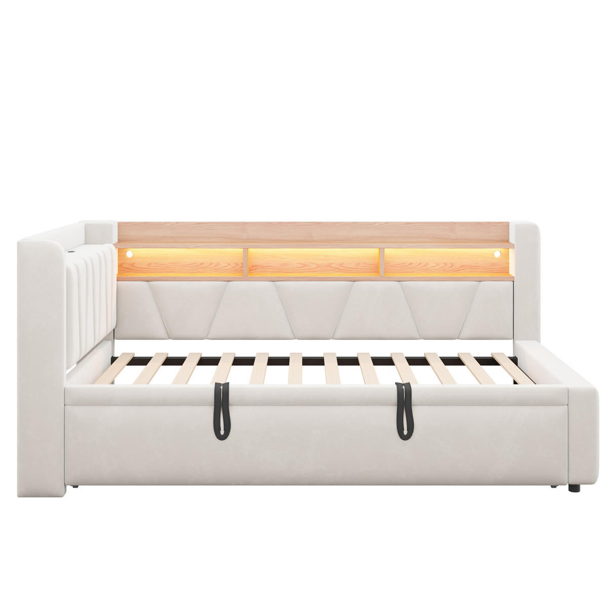 TAGESBETT 90x200/90x190 mit LED, USB/Stauraum, 3-in-1 Funktion, Samt, Beige - Beige, Holz (90/200cm) - LVHOM