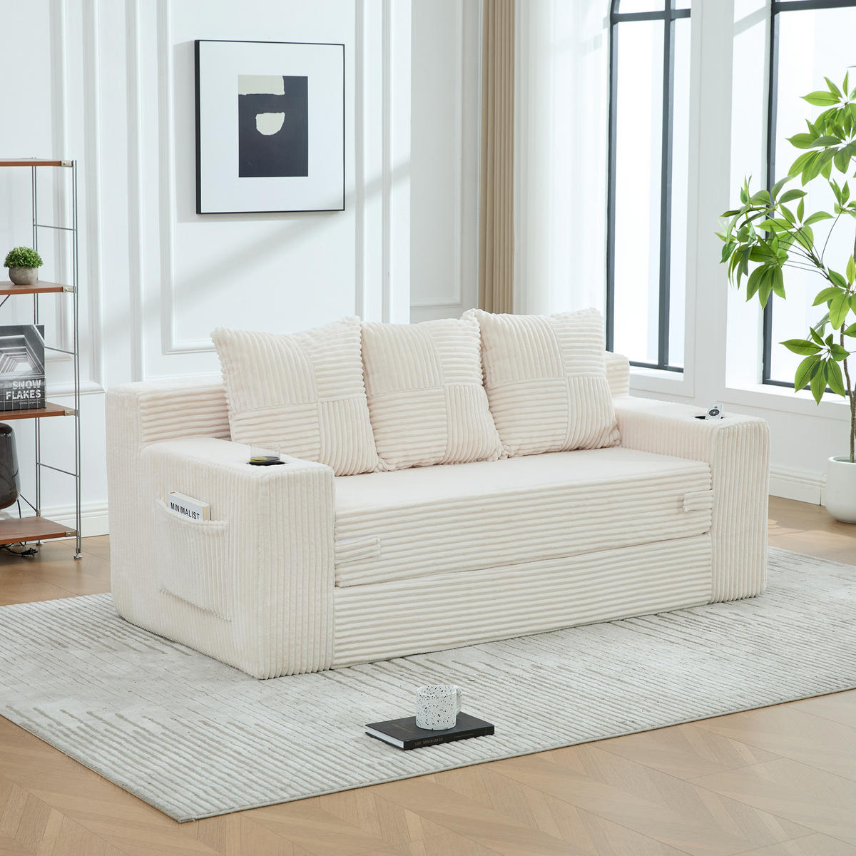 SCHLAFSOFA Modular mit Getränkehaltern und Seitentaschen, DE-42913, Beige - Beige, Textil (172/64/87cm) - ComfortXL