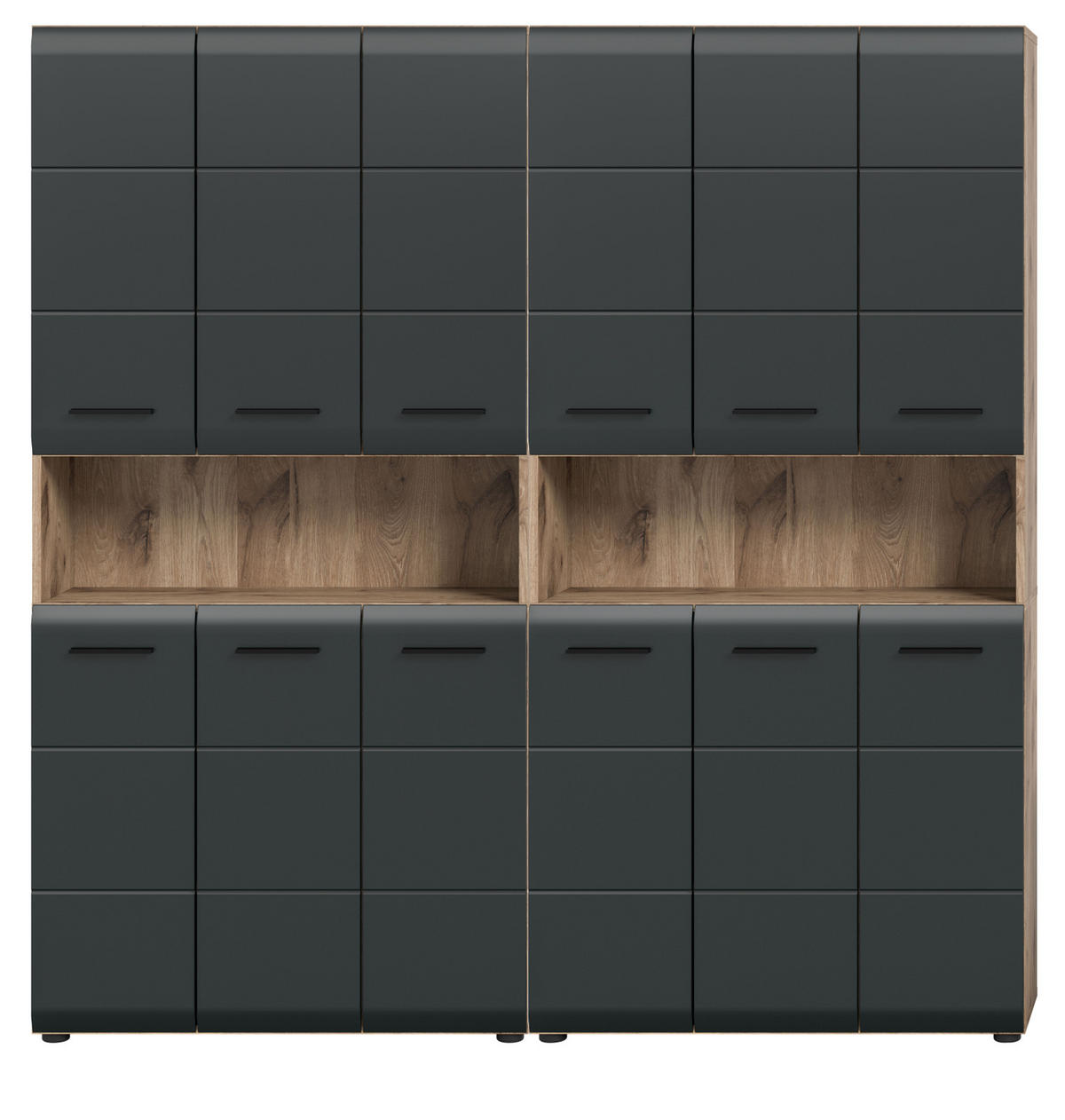 HOCHSCHRANK Badschrank Set Schwarz matt, Eiche 2x Mehrzweckschrank, 12-türig gesamt 180 x 185 cm - Eichefarben/Schwarz, Holzwerkstoff/Kunststoff (180/185/30cm) - Inn.Furn