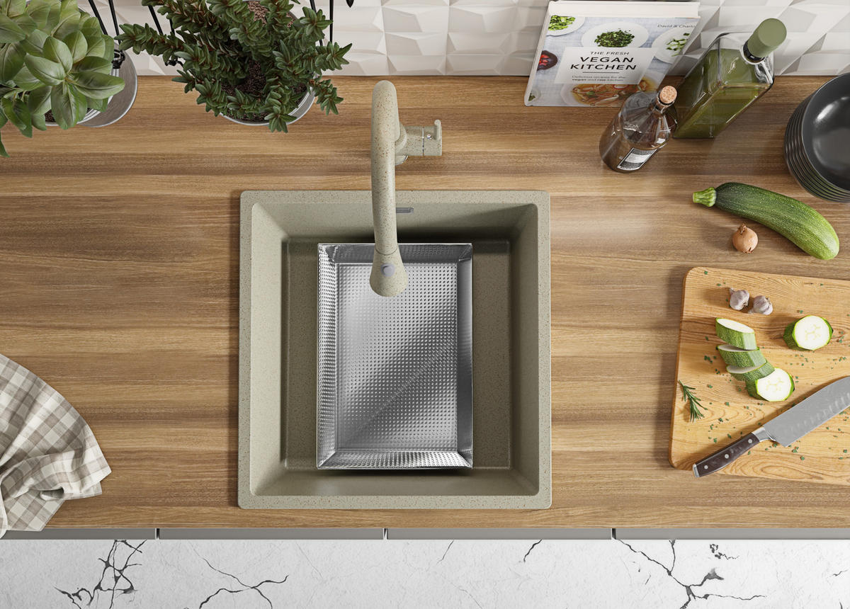 GRANITSPÜLE London Slim, 2-er set Beige 46/47 cm 1 Becken + Küchenarmatur 38/14 cm + Ablauf-Set ab 50er Unterschrank - Beige, Kunststoff (46/20/47cm) - Primagran